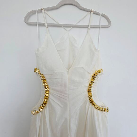 Cult Gaia Off White & Gold Maxi Halter Dress Embellished Side Cutouts Size 10 - Picture 9 of 14